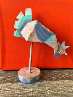 Handmade Wooden Rooster Sculpture in Teal and Purple - Unbranded